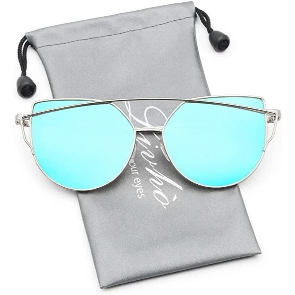 Livhò Cat Eye Sunglasses Women Silver Metal Blue Mirror Flat Lenses UV400 Trendy